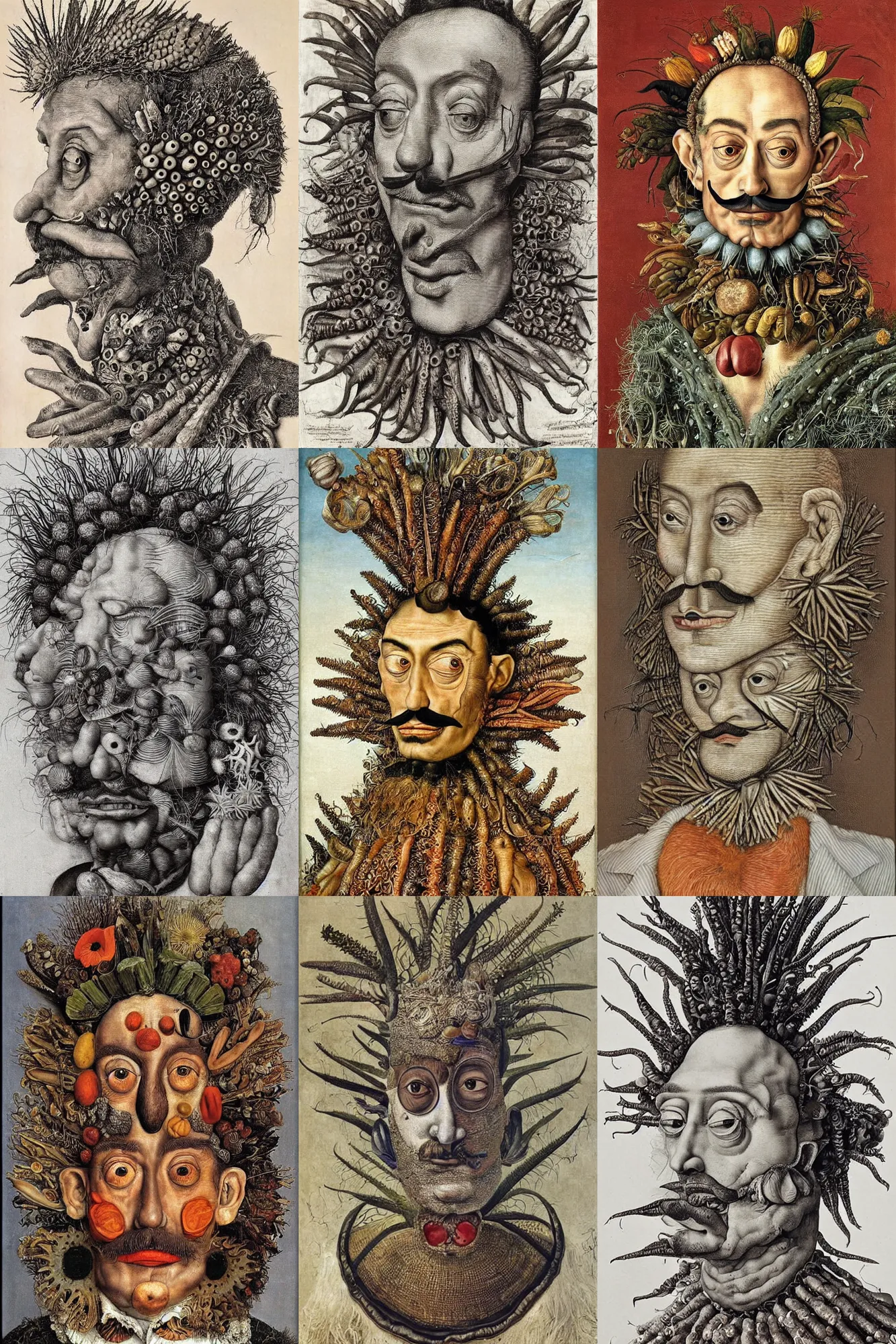 Prompt: giuseppe arcimboldo's portrait of salvador dali made out of echinoderms