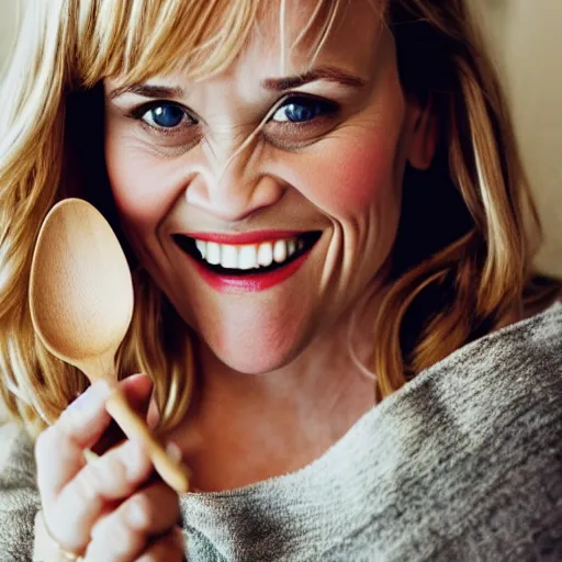 Image similar to reese witherspoon, holding a spoon, wooden spoon, cutlery, photography, smiling, portrait, soft focus