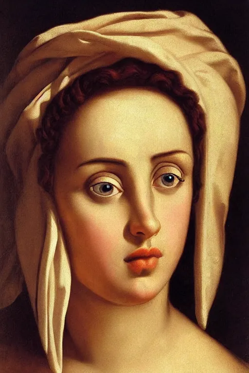 Image similar to beautiful woman, scared face, closeup, dressed in roman clothes, ultra detailed, art by Guido Reni style