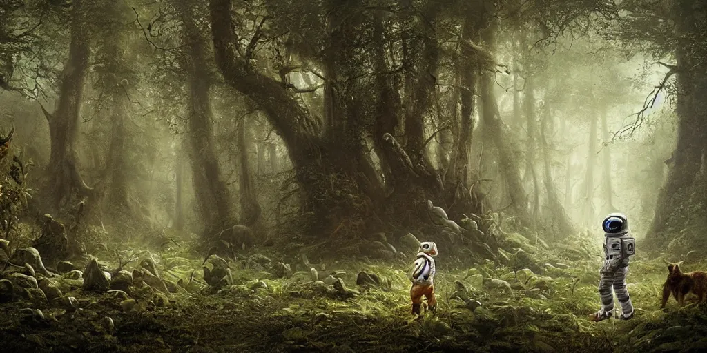 Image similar to an astronaut comes a across a strange furry creature in a forest, a detailed matte painting by frieke janssens, featured on cgsociety, fantasy art, matte painting, reimagined by industrial light and magic, matte drawing