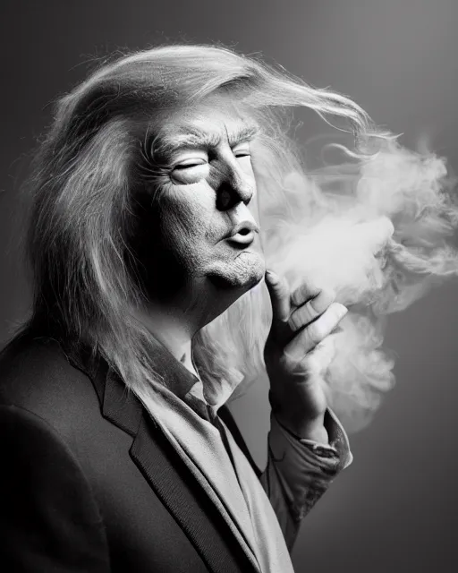 Image similar to donald trump with hippie hair, hippie clothes, smoking cannabis, photorealistic photographed in the style of annie leibovitz, studio lighting