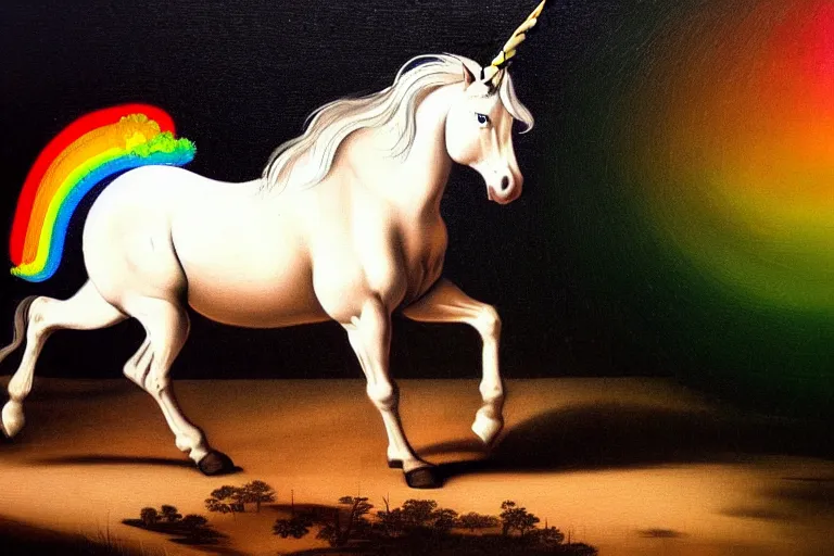 Image similar to detailed traditional painting of a unicorn walking on a rainbow, ((rainbow)) by Caravaggio, authentic, masterpiece, brush strokes, trending on artstation