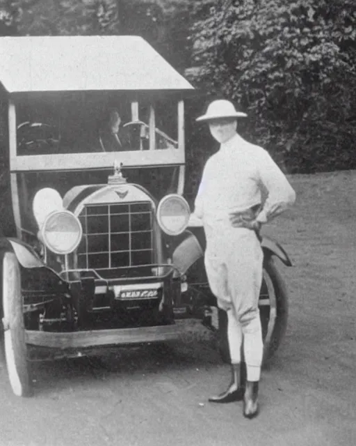 Image similar to 1 9 2 0 s photo of a person standing next to a tesla car