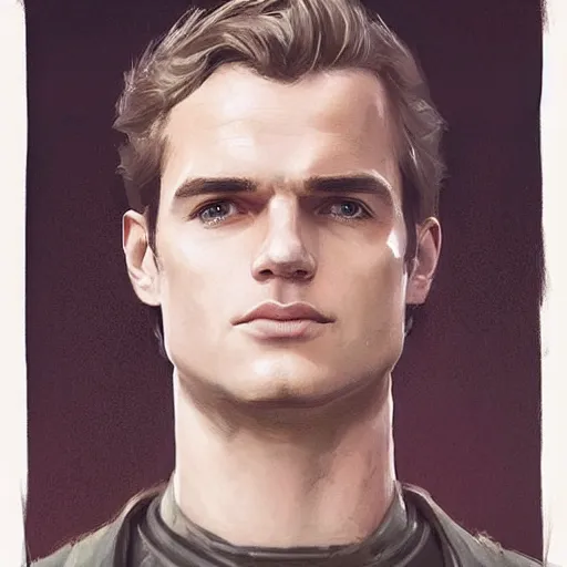 Image similar to “Portrait of Henry William Dalgliesh Cavill by Greg Rutkowski, he is about 20 years old, norwegian, short blond hair, young, manly, attractive, strong, older brother vibes, he is wearing futuristic military fatigues, highly detailed portrait, scifi, digital painting, artstation, concept art, smooth, sharp foccus ilustration, Artstation HQ”