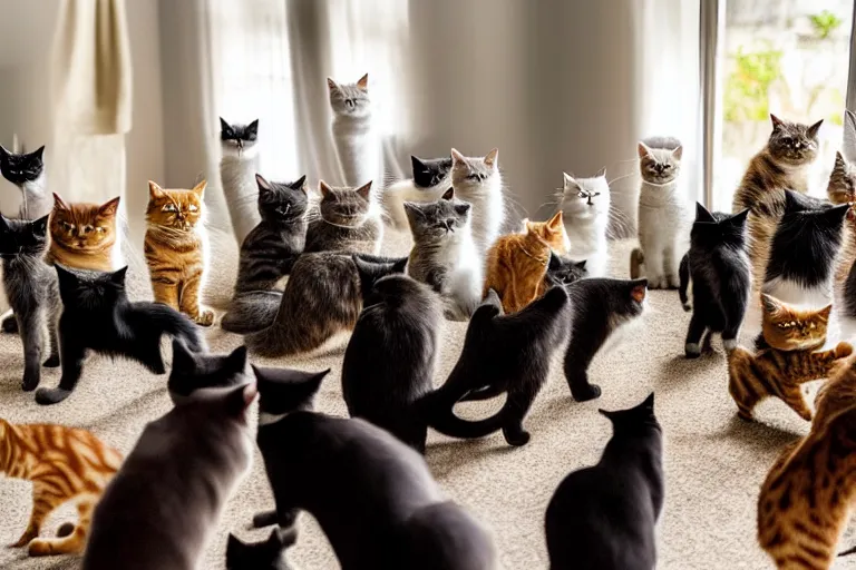 Prompt: a living room full of cats that are looking directly into the focal point of the camera