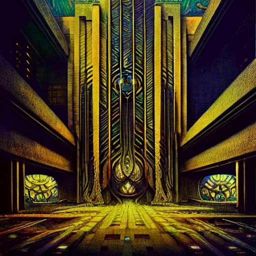 Image similar to extremely psychedelic beautiful brutalist architecture infected by night. intricate, elegant, highly detailed, extremely lifelike photorealistic digital painting, artstation. steichen, gaston bussiere, tom bagshaw, brutalist cyberpunk alphonse mucha. elegant minimalism. anatomically correct. sharp focus. black and gold. surreal lush cosmic hallucination