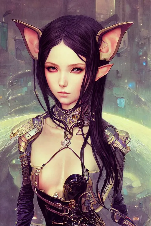 Image similar to portrait of beautiful young elf, cyberpunk, Warhammer, highly detailed, artstation, illustration, art by Gustav Klimt and Range Murata and Ilya Kuvshinov and Sakimichan