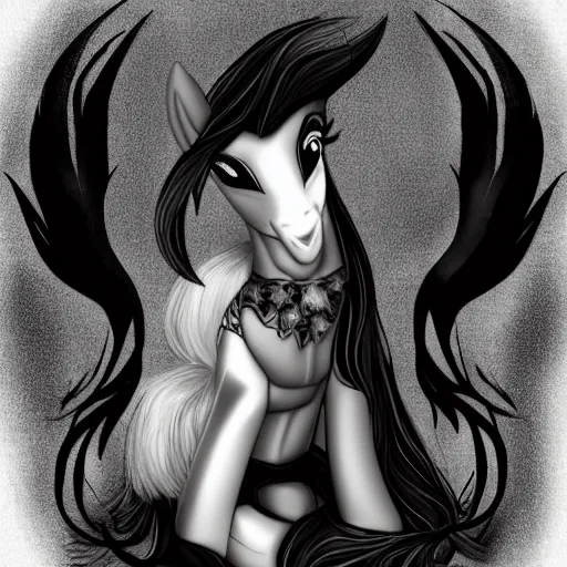 Image similar to my little pony portrait with dark fantasy style, black and white