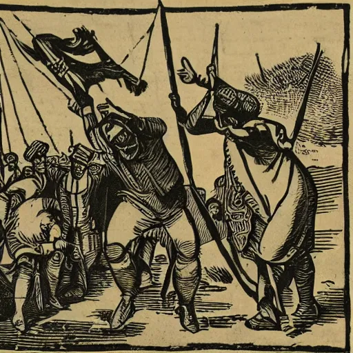 Image similar to sancho panza being blanketed. late 1 8 th century woodcut. flung in the air by tavernkeeper and guests. desperate, helpless, sprawling, flying, scared