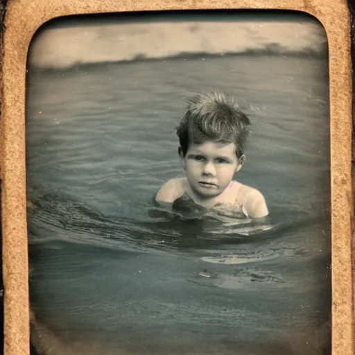Image similar to tintype photo, swimming deep underwater, kid with elk