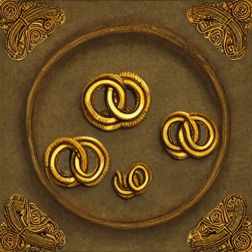 Prompt: A chain of three linked gold circles in a Victorian study, Concept art for a video game