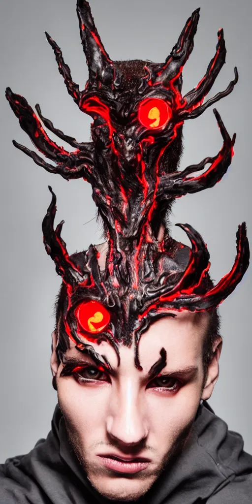 Prompt: a male model with glowing inferno eyes, frontal view, cool looking