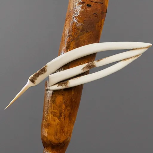 Prompt: white ivory claw spear - tip, museum exhibit
