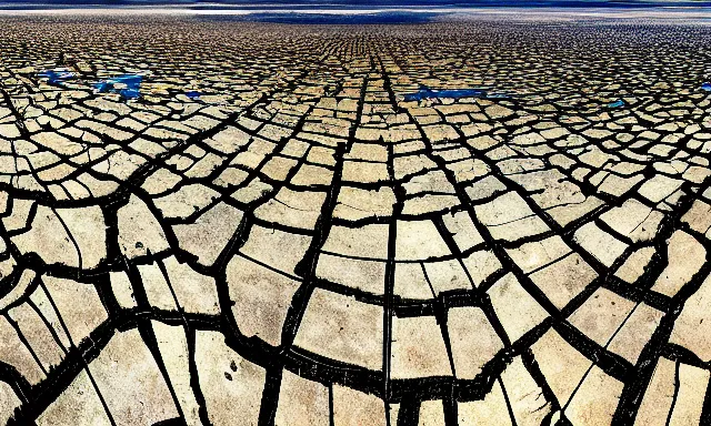 Image similar to panorama of a weather phenomemon where big raindrops fly upwards into the perfect cloudless blue sky from a dried up river in a desolate land, dead trees, blue sky, hot and sunny highly-detailed, elegant, dramatic lighting, artstation, 4k, cinematic landscape, photograph by Elisabeth Gadd, National Geographic