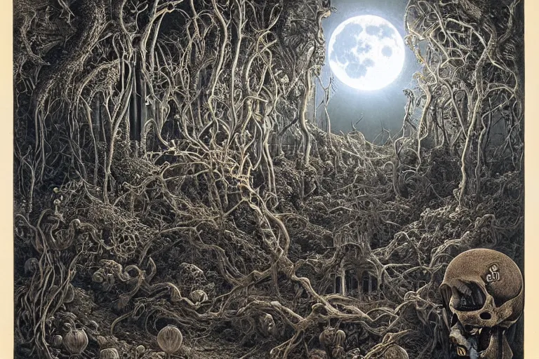 Image similar to a surreal and awe - inspiring science fiction landscape, full moon like skull, intricate, elegant, highly detailed matte painting by ernst haeckel and mark brooks