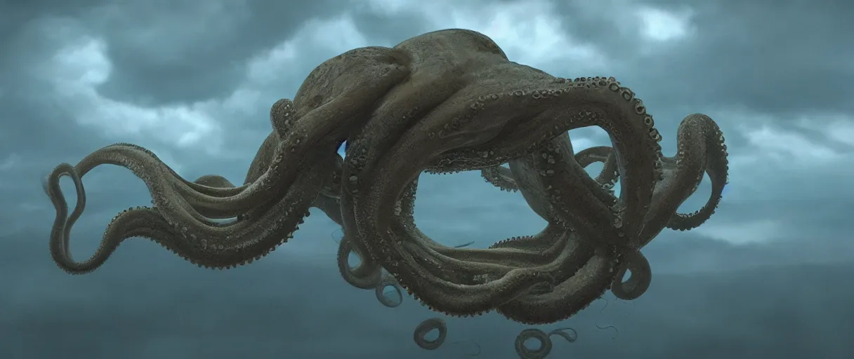 Prompt: a giant octopus tentacle hanging from the clouds over a rain forest, still from the movie the arrival, 8k