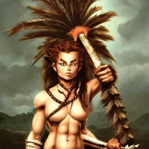 Image similar to Muscular savage barbarian warrior girl, wearing barbarian caveman pelt, cavewoman, wild spiky black Saiyan hair, tiger pelt, holding scimitar made of bone, battle-scarred, scars of battle, bloody, primeval fantasy, electricity, palm trees, pulp art, illustration, Frank Frazetta