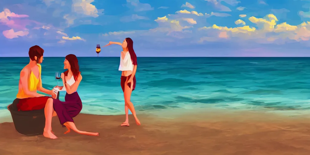 Image similar to one young man and one young woman drinking wine on a beach, beautiful colors, amazing landscape, digital art