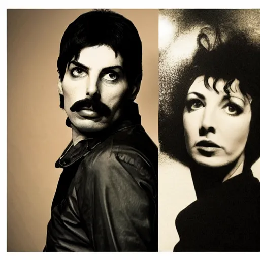 Prompt: long shot, full body, of freddie mercury and kate bush, sharp eyes, detailed, sharp, dreamy, city, ballard, mapplethorpe, folk horror.