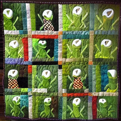 Prompt: “ a quilt of kermit, reclining on a chaise lounge, with the sun shining in the background ”