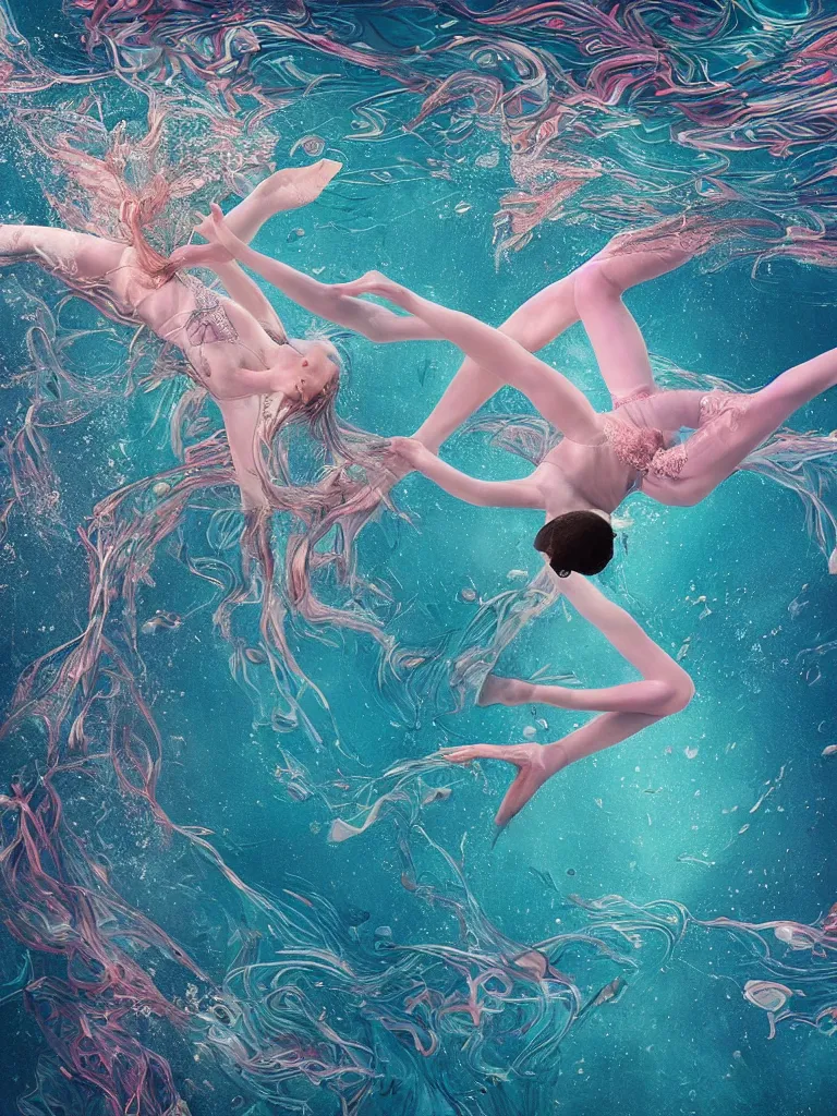 Prompt: a beautiful hyperdetailed rendering of a extremely cohesive underwater ballerina lyrical dancer weightless and drowning, ultrawide angle, aquasixio