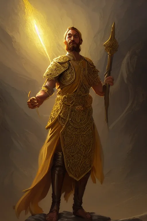 Prompt: shepherd wearing a golden tunic, D&D, fantasy, intricate, elegant, highly detailed, digital painting, artstation, concept art, matte, sharp focus, illustration, art by Noah Bradley and Scott M Fischer