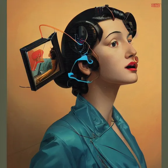 Image similar to robot artist painting a self - portrait on a canvas. intricate, highly detailed, photorealistic, digital matte painting, in the style of alexandros pyromallis, and in the style of sachin teng, and in the style of hans thoma, and in the style of gil elvgren. irony, recursion, golden hour.