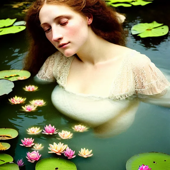 Image similar to Kodak Portra 400, 8K, soft light, volumetric lighting, highly detailed, britt marling style 3/4 ,view from above of close-up portrait photo of a beautiful woman how pre-Raphaelites painter, above water, part of the face is emerging of a pond with water lilies, , she has a beautiful lace dress and hair are intricate with highly detailed realistic beautiful flowers , Realistic, Refined, Highly Detailed, natural outdoor soft pastel lighting colors scheme, outdoor fine art photography, Hyper realistic, photo realistic,warm lighting,