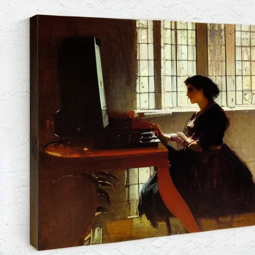 Prompt: painting of a woman contemplating a computer by john - joseph benjamin - constant