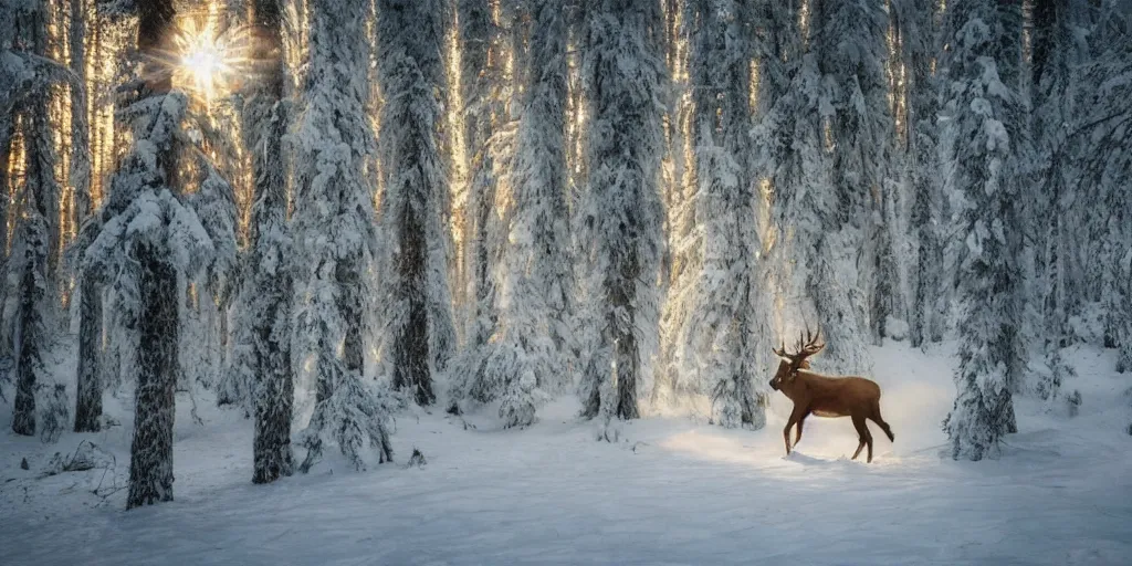 Image similar to photo of a tiny human like elf riding on the back of an albino elk thru an enchanted forest, majestic!!! beautiful!!!, ethereal!!!, loving, ultra realistic, winter, golden hour, volumetric lighting, sharp focus
