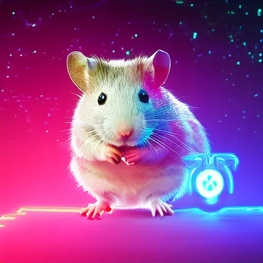 Image similar to cyberpunk hamster! holding rainbow! gem! crystal, neon lights, light reflection, logo, 8 k, hd