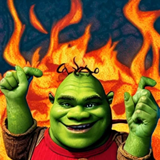 Image similar to shrek in hell, ominous, horror, flames, fire