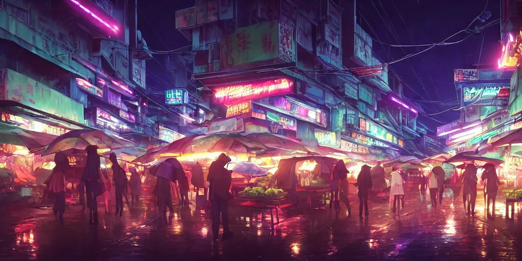 Image similar to twilight lighting, moody, atmospheric, solarpunk, cyberpunk, a render of davao city's roxas night market, rainy, in the art style of neon genesis : evangelion, 8 0 s anime style, by ghibli studio and victor ngai, ghost in the shell art style, akira artstyle, pixar highly detailed, 8 k h 5 7 6