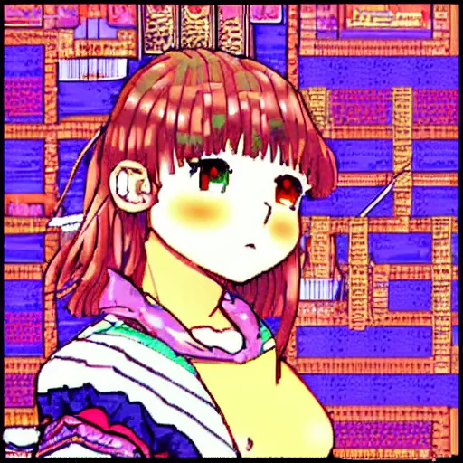 Prompt: Bjork in a PC-98 game, 16-bit, visual novel, anime