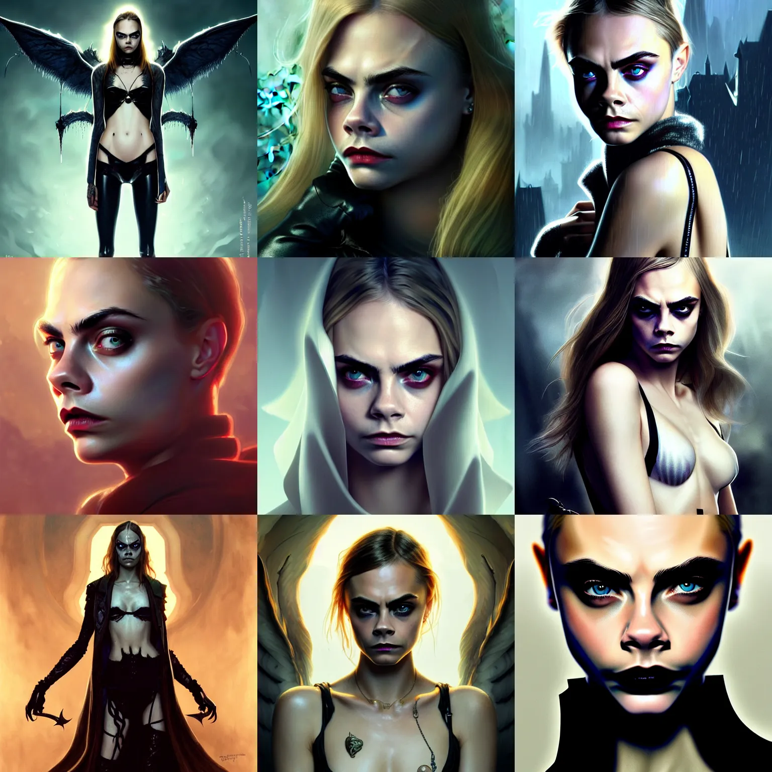 Prompt: cara delevingne as arkham investigiator a pure gorgeous seductive angel, lovecraft horror, full body portrait, slight smile, diffuse natural sun lights, autumn lights, highly detailed, digital painting, artstation, concept art, sharp focus, illustration, art by wlop and greg rutkowski and alphonse mucha and artgerm