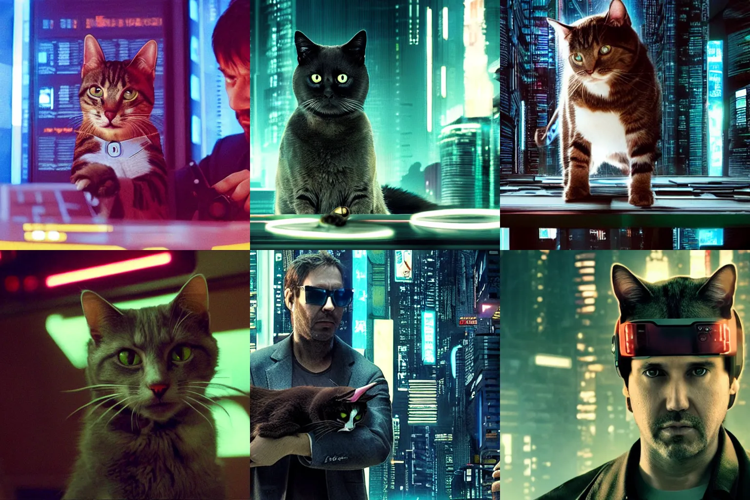 Prompt: the cat was the only reason the accounting department functioned at all, directed by Denis Villeneuve, cyberpunk, neon, shot on IMAX cameras
