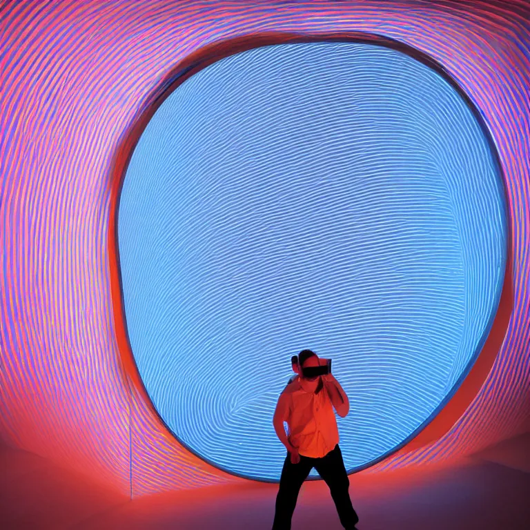 Prompt: conceptual artist performance of'blue and orange'gradient pattern colors light projection onto a convex mirror and the giant head of elvis in a cramped art gallery by james turrell, high contrast hyperrealism trending on arstation 8 k