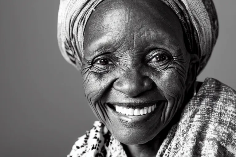 Image similar to still photo of a old african woman smiling at the camera on the street, black and white color aesthetic, highly detailed, photorealistic portrait, bright studio setting, studio lighting, crisp quality and light reflections, unreal engine 5 quality render