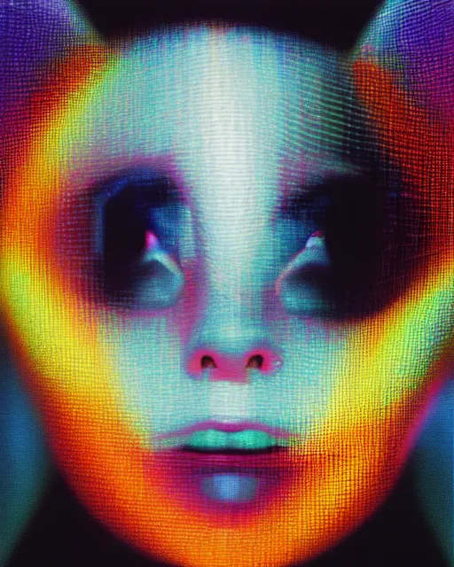 Prompt: cyber - polaroid of a female cyborg's face, soft emotion, cybernetic, ethereal curtain, starburst, chrome vortex, vibrant scattered light, reflective glass, led screen, 1 9 6 0 s, computer - generated, dreamy rainbow