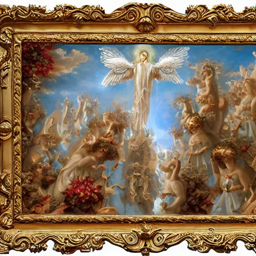 Image similar to angelic purity, heaven gate, baroque, hyper detailed ornament, 8 k, oil painting, holy lights,