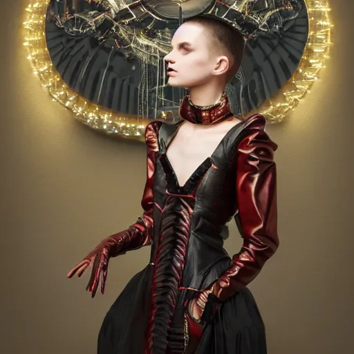 Prompt: A masterpiece portrait of a Incredibly beautiful futuristic high fashion queer model girl with A large luxurious Victorian necklace made of LED displays. Rococo dress from red leather and fur. trending on artstation, digital art, by Stanley Artgerm Lau, WLOP, Rossdraws, James Jean, Andrei Riabovitchev, Marc Simonetti, Yoshitaka Amano