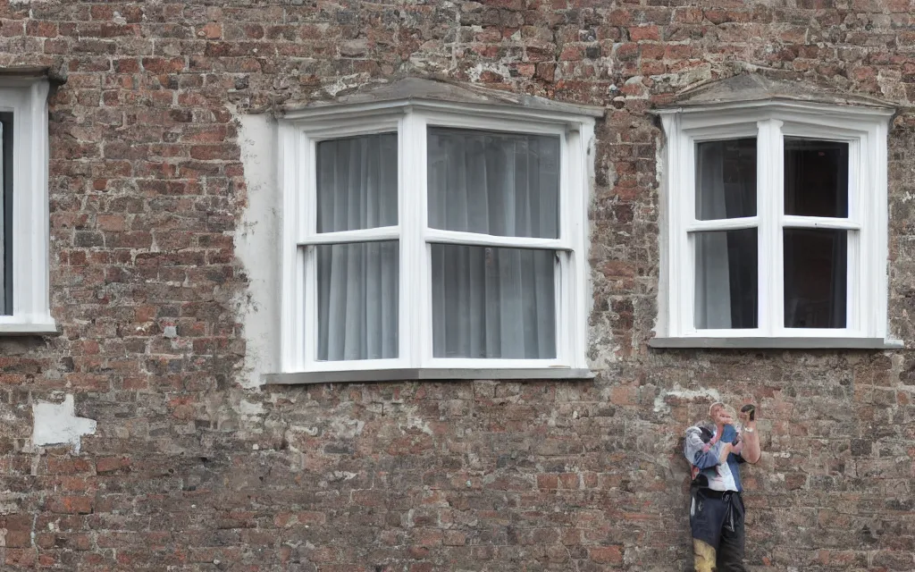 Image similar to single triangular or round sash window on a british wall, surprised and perplexed builders standing in front of it