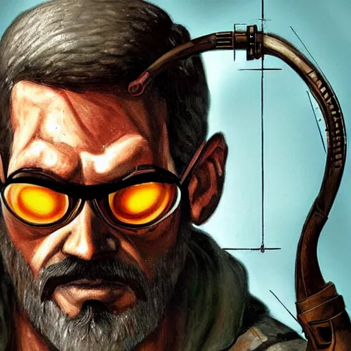 Image similar to ancient art work depicting gordon freeman, 8 k, very detailed, very intricate,