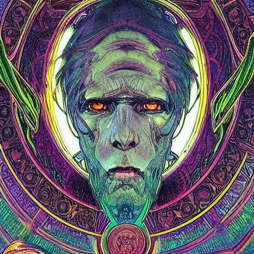 Image similar to psychedelic trippy iridescent illusionary art of facial expressions creepy eyes faces i'm nuclear explosions god judgemental gustave dore james gurney artstation alphonse mucha yoji shinkawa