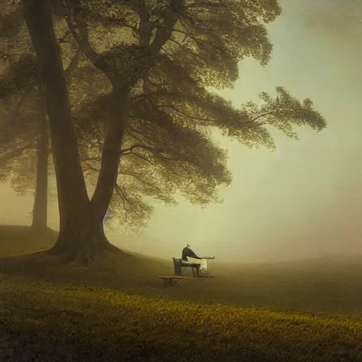 Prompt: an impressively euphoric 1 8 0 0 s romanticism - inspired photograph depicting a man playing a piano underneath a foggy tree line at dawn inspired by liberty leading the people