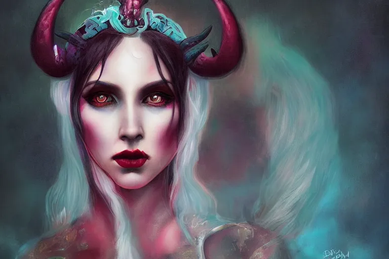 Image similar to pretty demon girl with horns photograph in the style of tom bagshaw, colorful, realistic, 8 k
