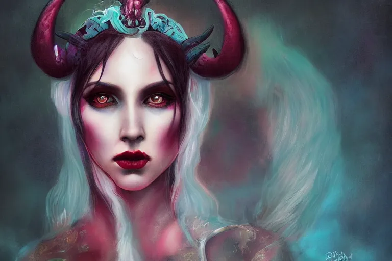 Prompt: pretty demon girl with horns photograph in the style of tom bagshaw, colorful, realistic, 8 k