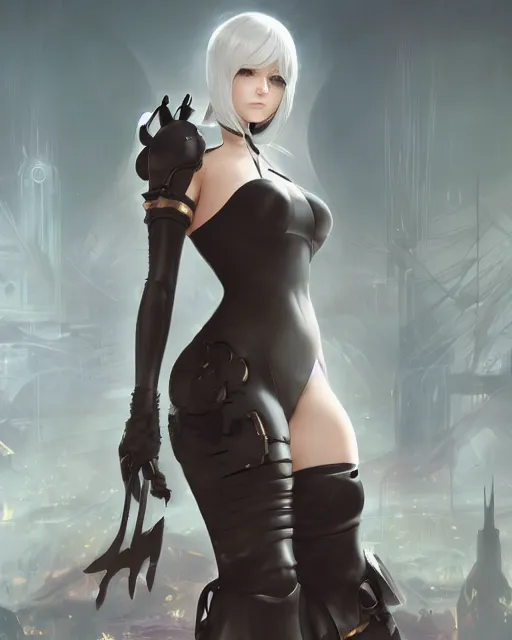 Image similar to full body league of legends portrait of 2 b nier automata, au naturel, hyper detailed, digital art, trending in artstation, cinematic lighting, studio quality, smooth render, unreal engine 5 rendered, octane rendered, art style by klimt and nixeu and ian sprigger and wlop and krenz cushart.