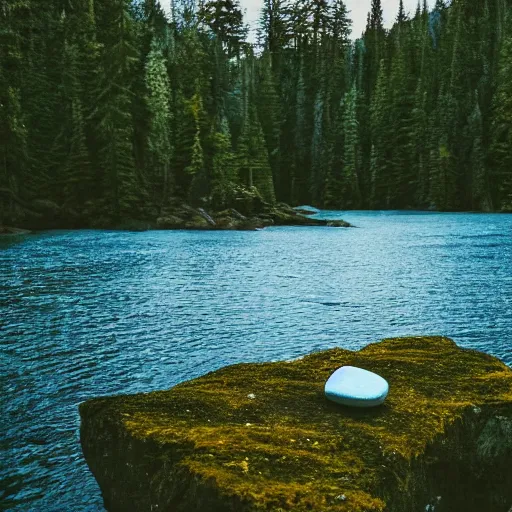 Image similar to there is a single rock hovering above a clear blue lake in a clearing in the middle of an evergreen forest at dawn