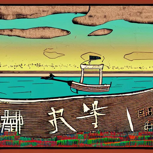 Image similar to an abandoned ship in the aral sea, in the style of daniel johnston and outsider art, 8 k, line brush, overlaid with chinese adverts